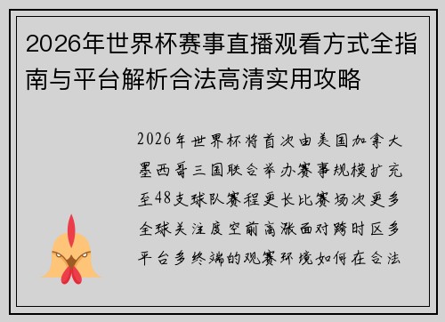 2026年世界杯赛事直播观看方式全指南与平台解析合法高清实用攻略