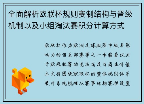全面解析欧联杯规则赛制结构与晋级机制以及小组淘汰赛积分计算方式